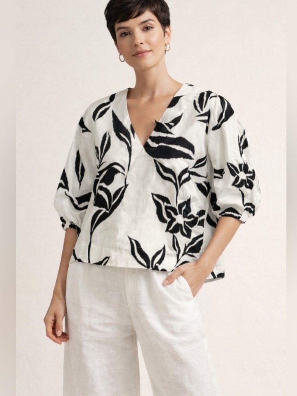 Alembika Black White Floral Cotton Poplin Lilly Print Blouse Resort Large NWT